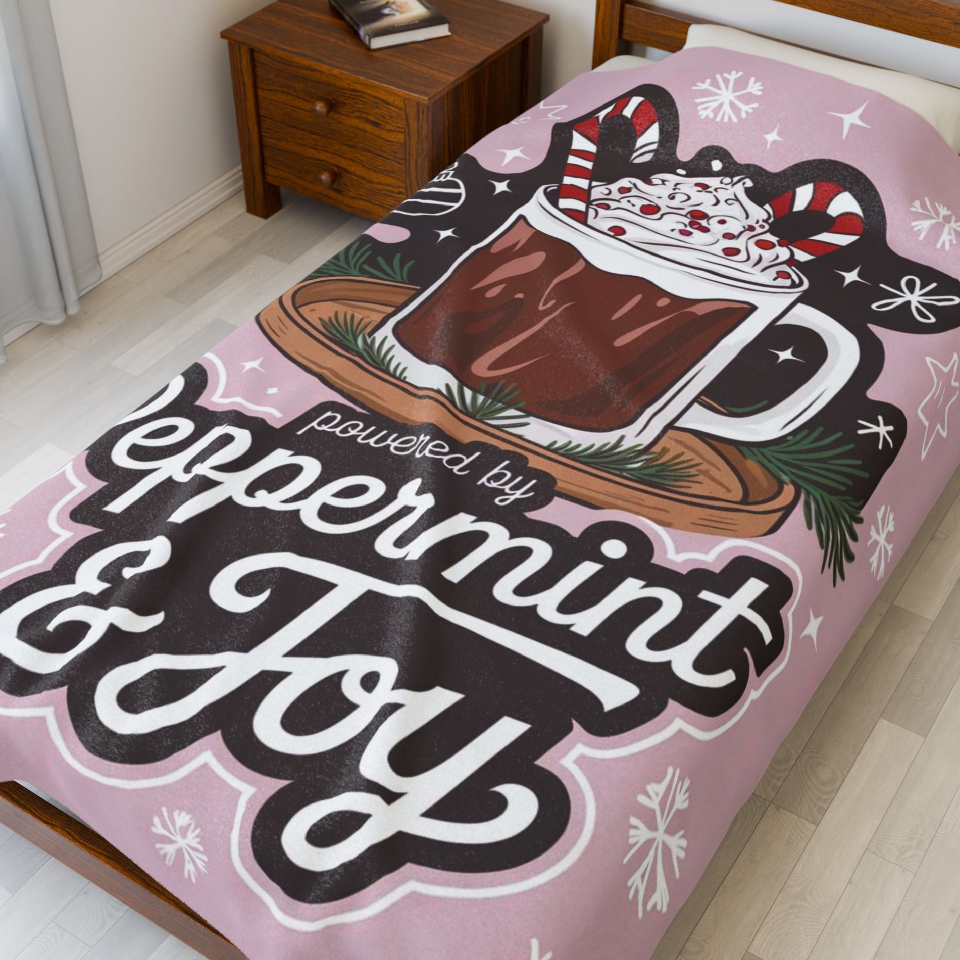 Christmas blanket “Powered by Peppermint & Joy” cozy holiday throw for festive relaxation and fun