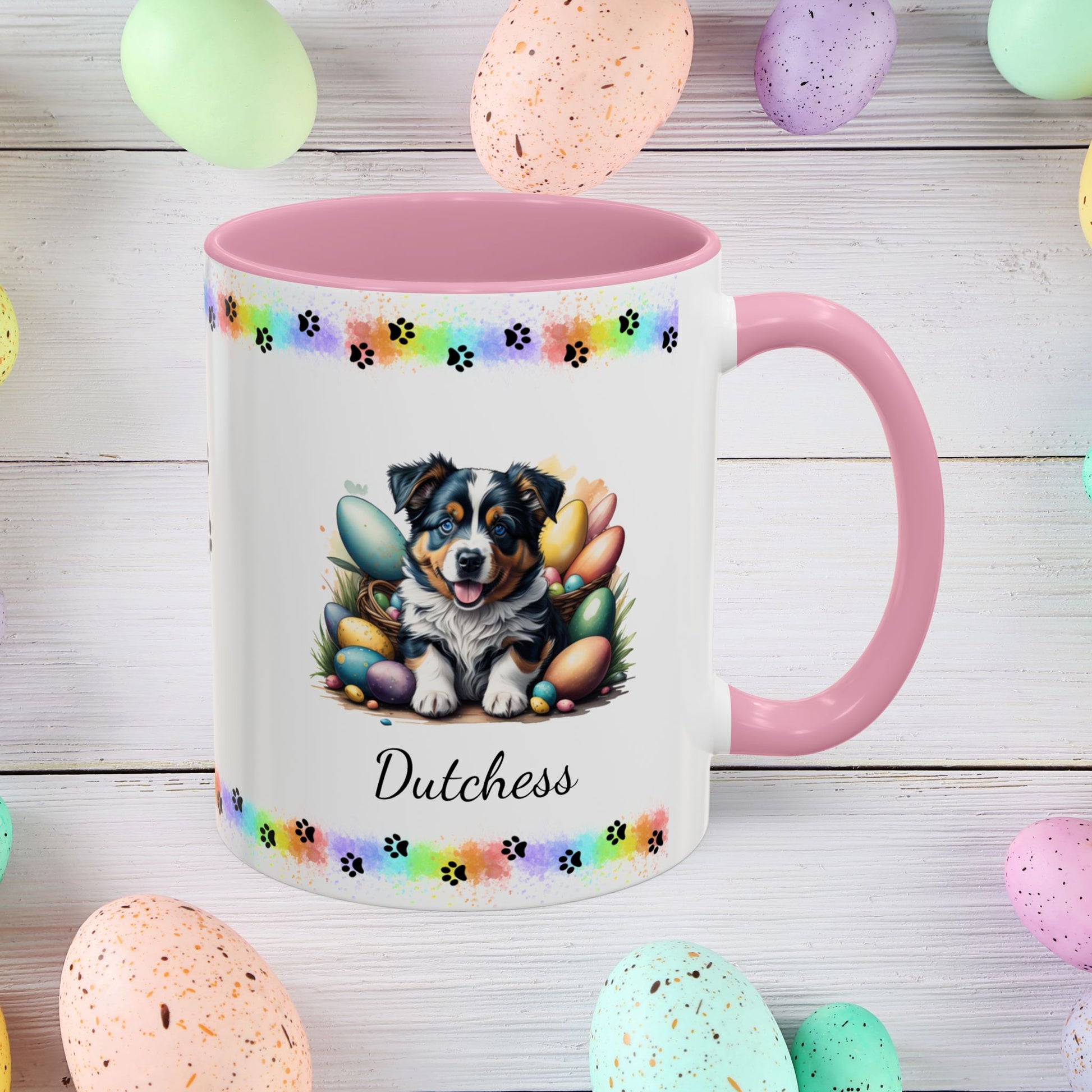 Australian Shepherd: Personalized Easter Puppy Coffee Mug - Adorable Dog Design, Mental Health Gift, 11oz & 15oz, 12 Color Choices, Easter Gifts & Décor