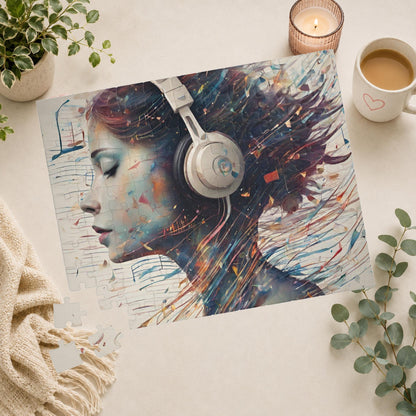 Music and Emotional Resonance - Woman with Headphones Puzzle with Colorful Music Notes and Paint Fragments