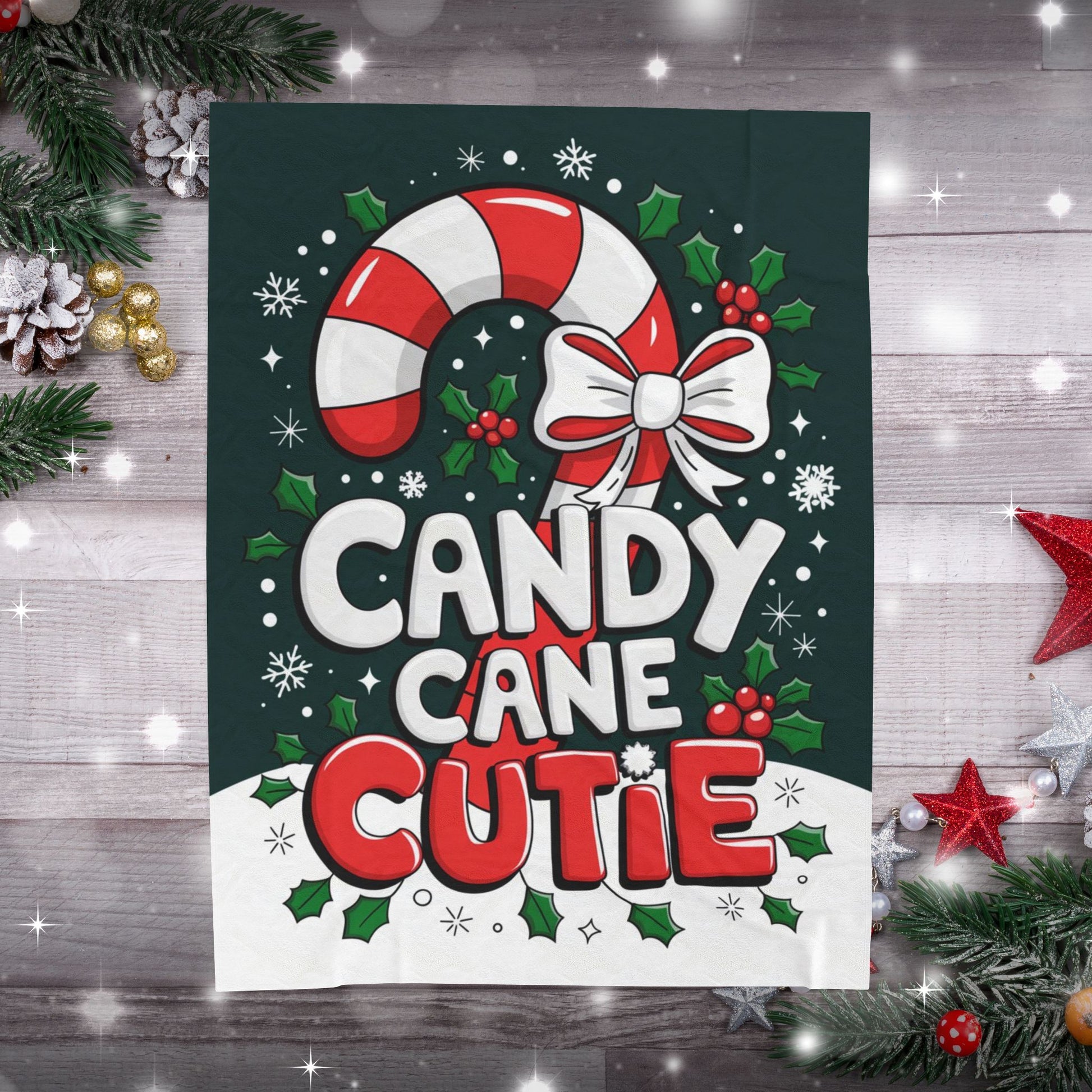 Cute Christmas blanket “Candy Cane Cutie” with fun holiday design, cozy festive throw for winter nights