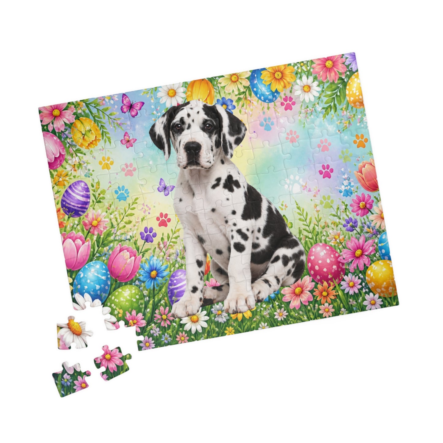 Great Dane (Harlequin) Easter Puppy Puzzle - Spring Garden with Eggs, Tulips, and Daisies