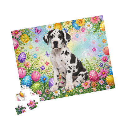 Great Dane (Harlequin) Easter Puppy Puzzle - Spring Garden with Eggs, Tulips, and Daisies