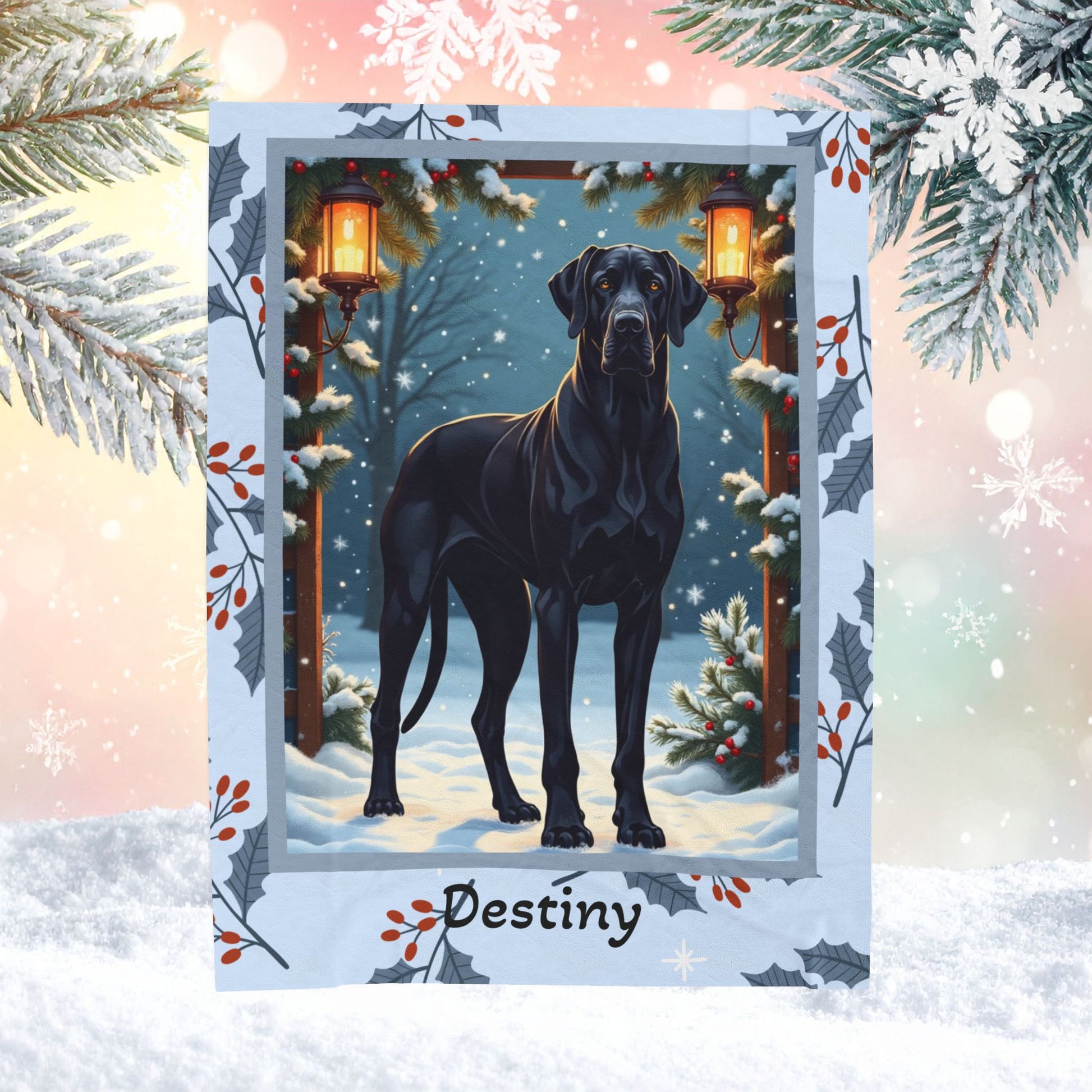 Great Dane Black custom winter blanket featuring a majestic Great Dane in a cozy lodge-style snowy illustration