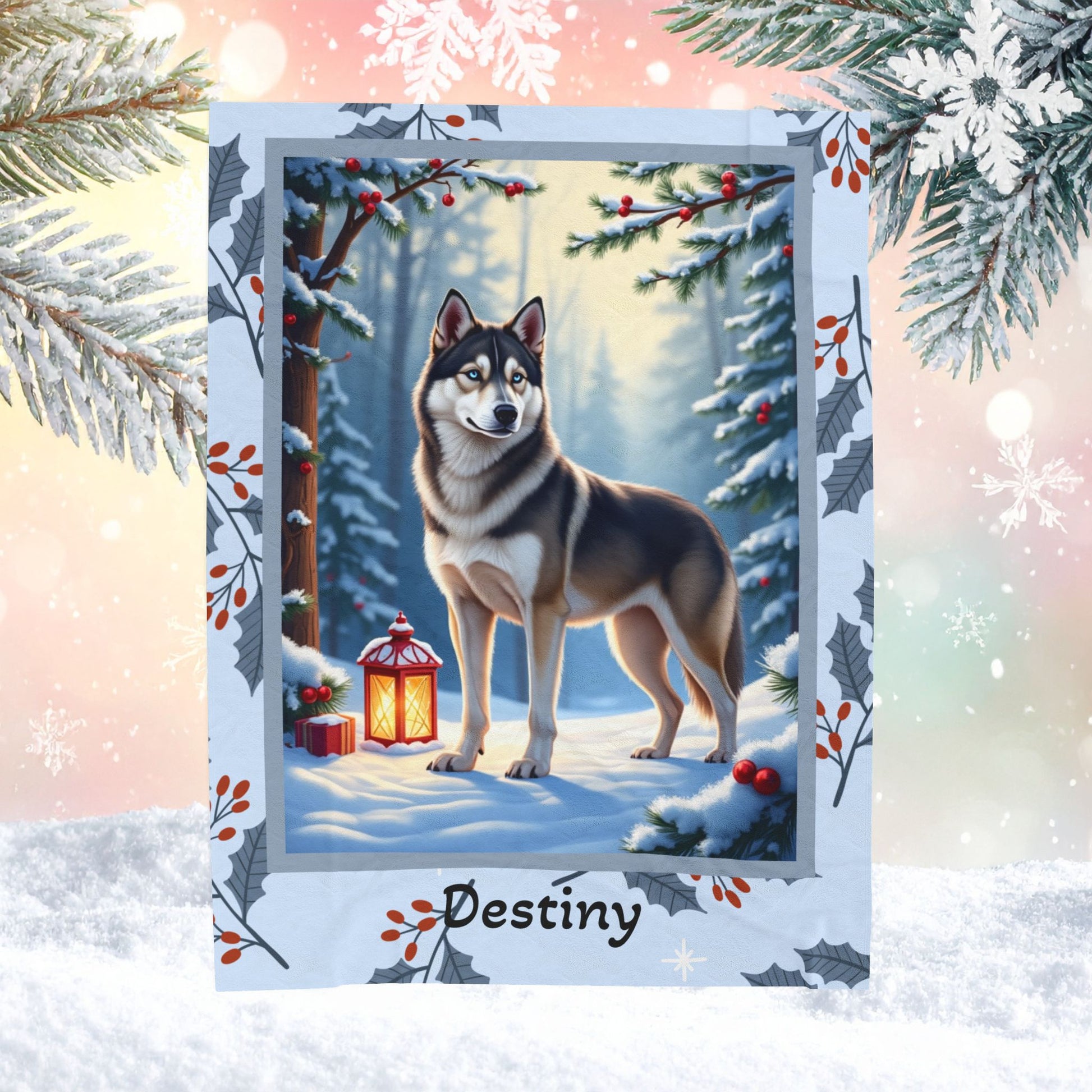 Husky Wolf Grey personalized winter throw featuring a wolf-grey Husky in a cozy illustrated lodge scene