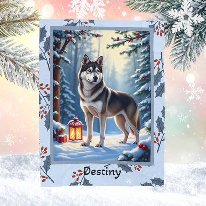 Husky Wolf Grey personalized winter throw featuring a wolf-grey Husky in a cozy illustrated lodge scene