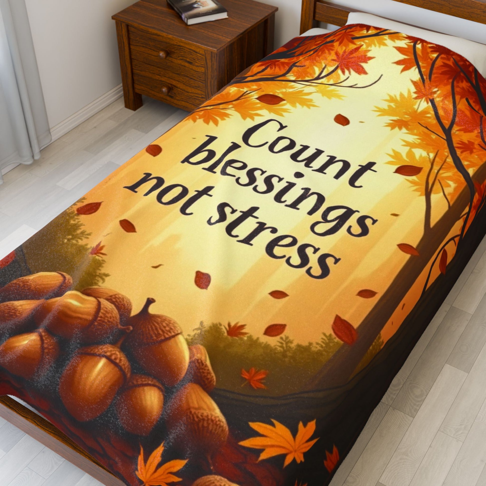 Autumn blanket with “Count Blessings, Not Stress,” gratitude-inspired mindfulness design for Thanksgiving.