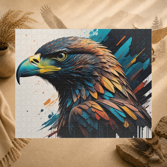 Eagle's Strength - Graffiti-Style Eagle Portrait Puzzle with Bold Brushstrokes in Teal and Orange