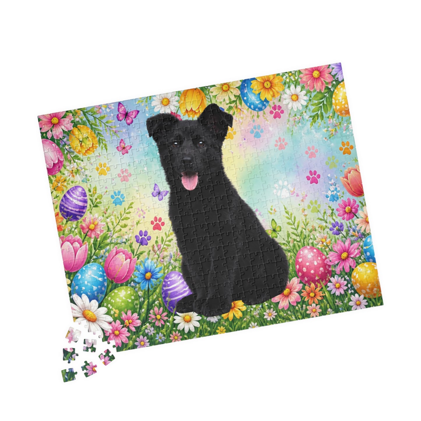 German Shepherd (Black) Easter Puppy Puzzle - Bold Spring Garden with Eggs and Blooms