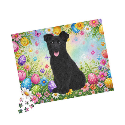 German Shepherd (Black) Easter Puppy Puzzle - Bold Spring Garden with Eggs and Blooms