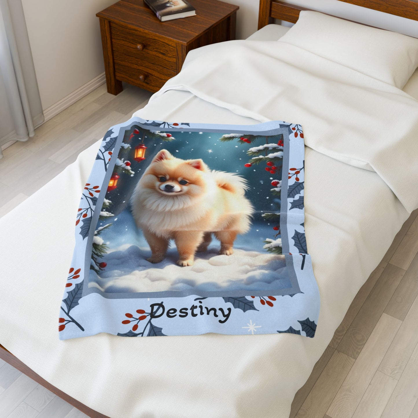 Pomeranian Cream personalized winter throw with soft cream Pom artwork in a cozy illustrated lodge setting
