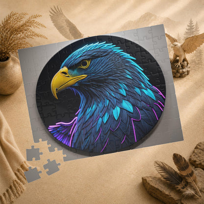 Eagle Vision Triumph - Neon Bald Eagle Portrait Puzzle with Teal and Purple Feathers on Dark Background