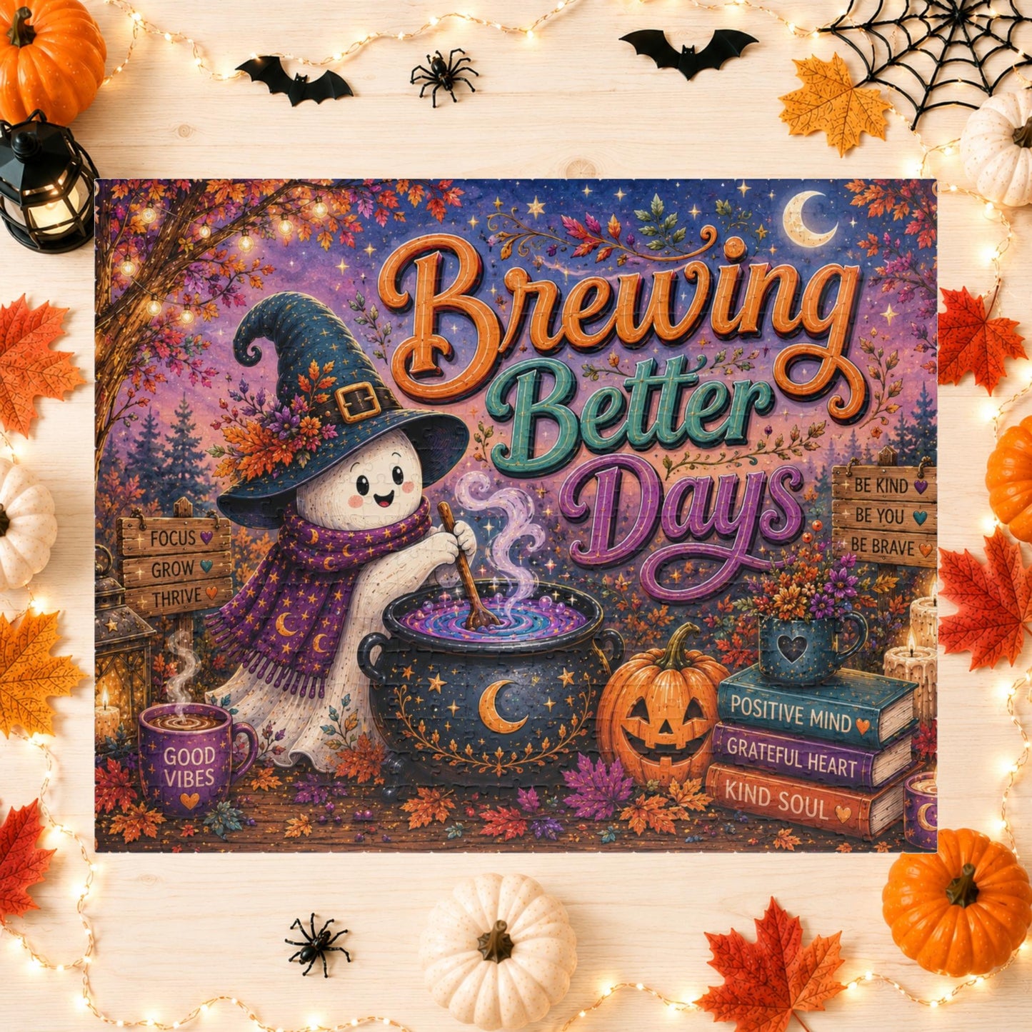 Brewing Better Days Halloween Puzzle - Ghost Stirring Cauldron with Good Vibes Mug and Affirmation Books