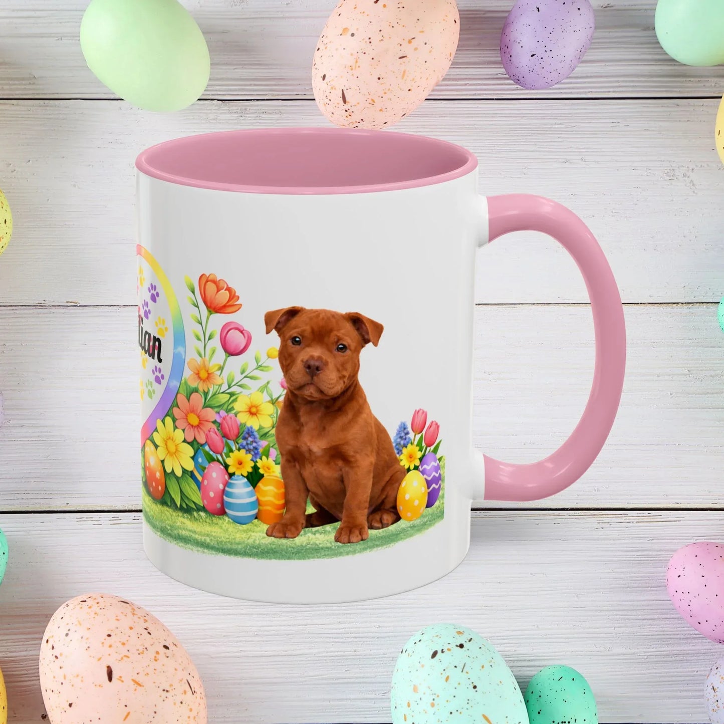 Shop our pitbull red puppy easter mug featuring the 11oz style option from MySisterIsASurvivor.