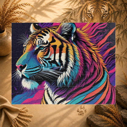 Majestic Mindfulness - Psychedelic Tiger Puzzle with Rainbow Mane and Deep Purple Background