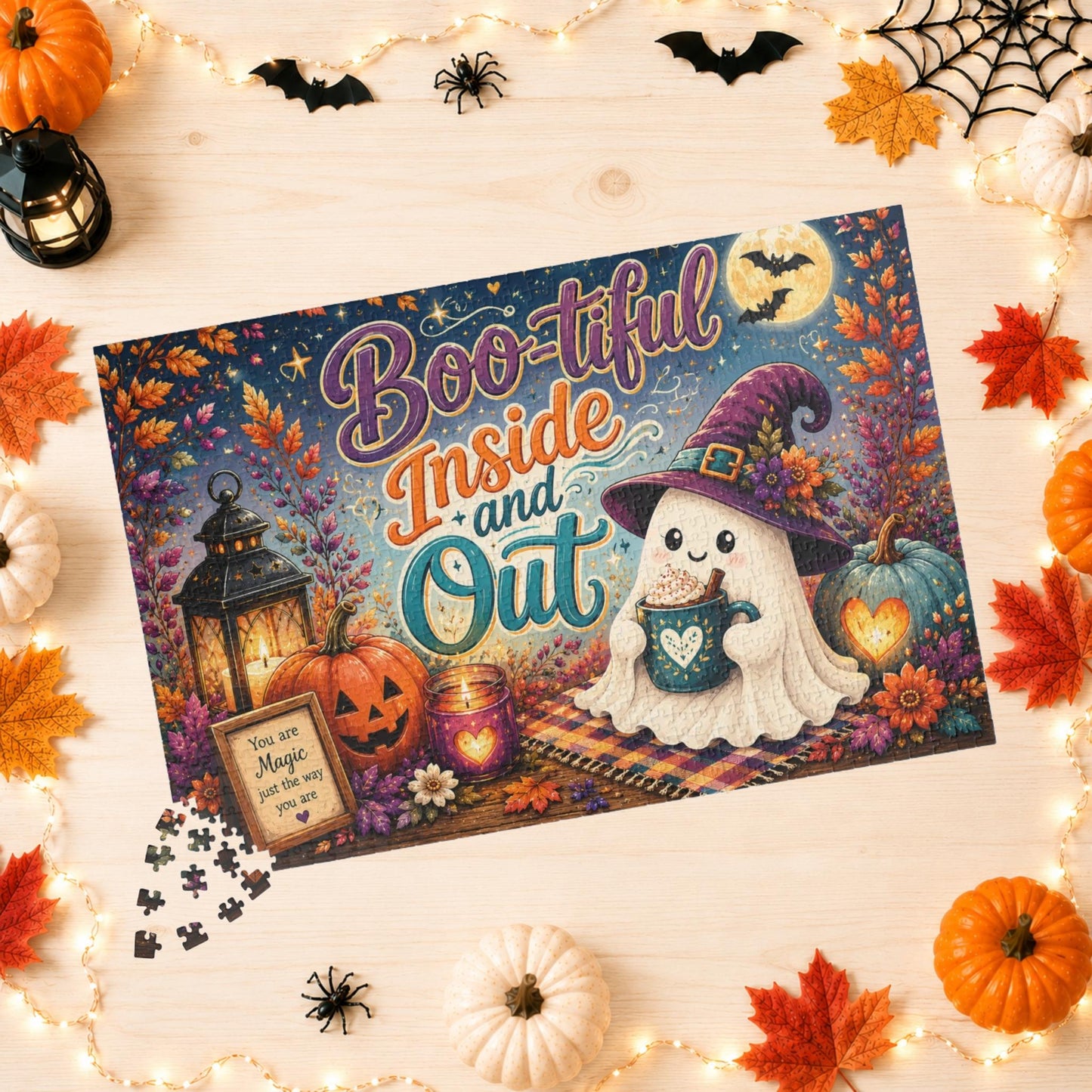 Boo-tiful Inside and Out Halloween Puzzle - Ghost with Heart Mug, Lantern, and You Are Magic Sign