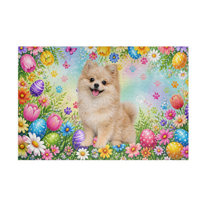 Pomeranian (Cream Merle) Easter Puppy Puzzle - Spring Garden with Eggs, Tulips, and Daisies