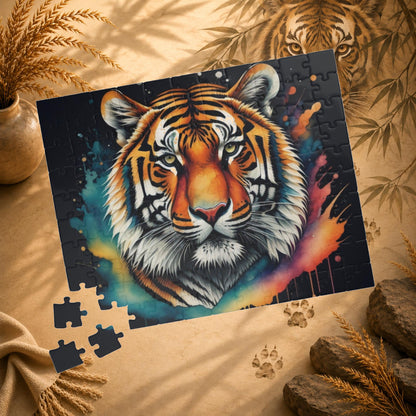 Tiger Tranquility - Front-Facing Tiger Puzzle with Cosmic Teal and Orange Splashes on Dark Background