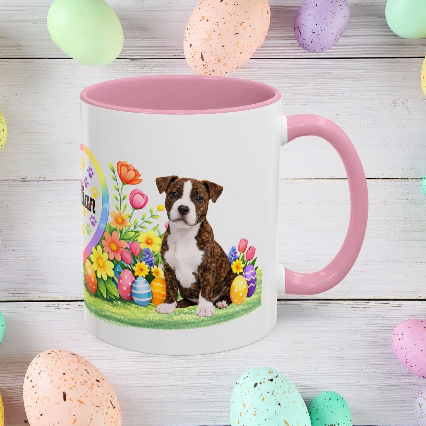 Shop our pitbull brindle white puppy easter mug featuring the 11oz style option from MySisterIsASurvivor.