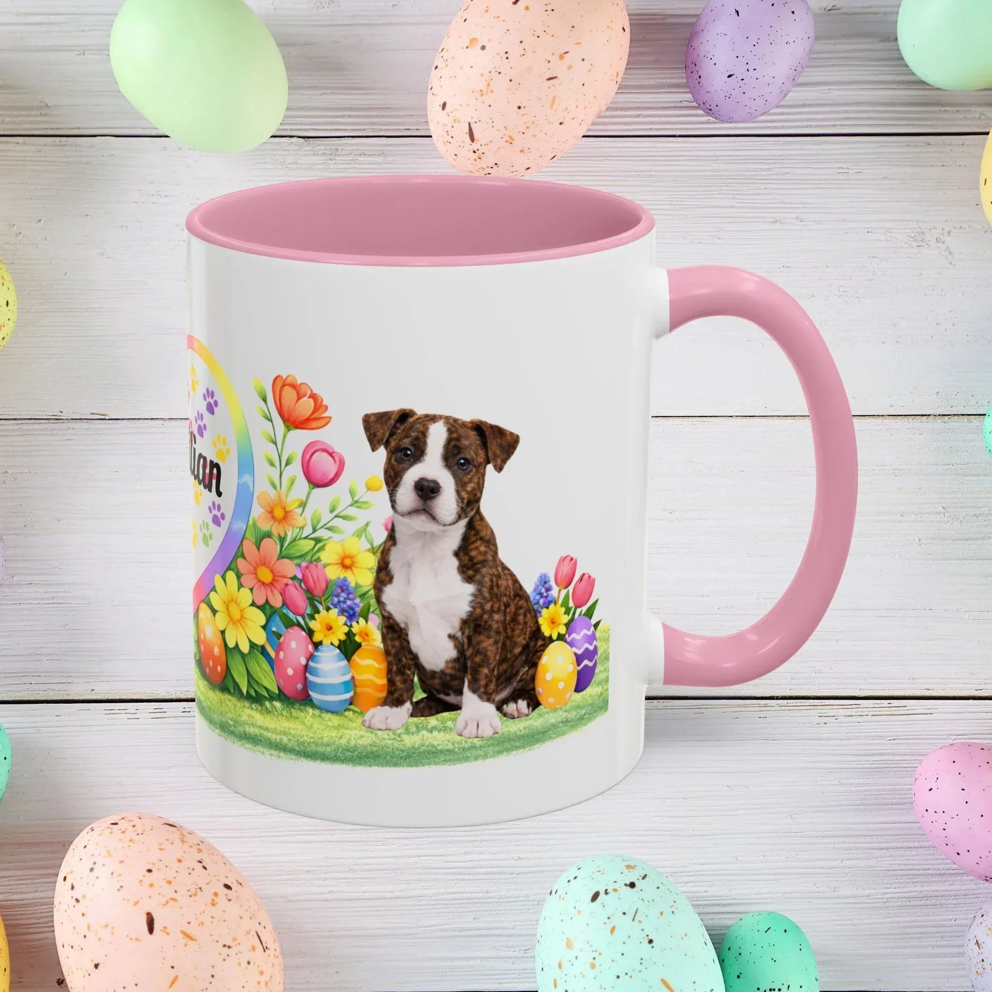 Shop our pitbull brindle white puppy easter mug featuring the 11oz style option from MySisterIsASurvivor.