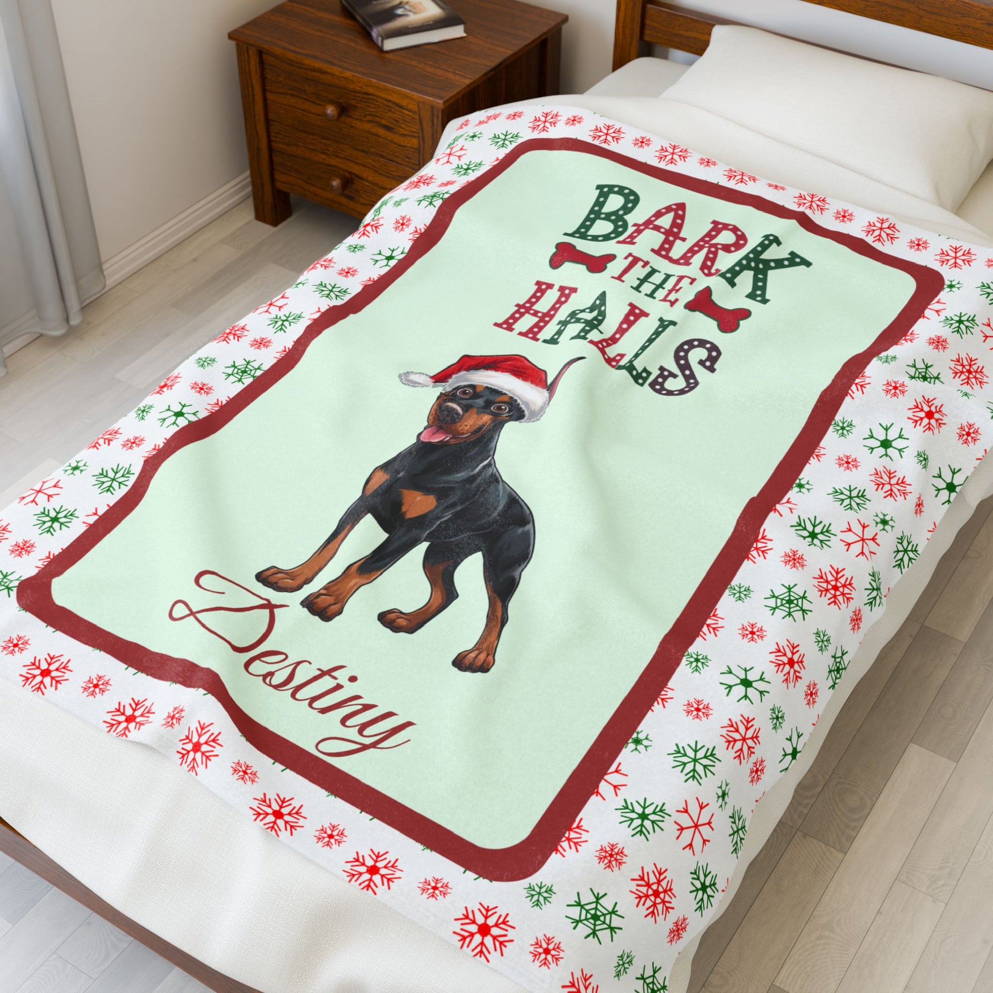 Doberman Pinscher (Black & Rust) Velveteen Blanket - cozy holiday dog throw, personalized gift for Doberman lovers