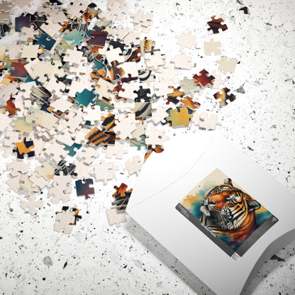 Thrive with the Tiger - Watercolor Tiger Puzzle with Teal Eyes and Warm Amber Washes on White