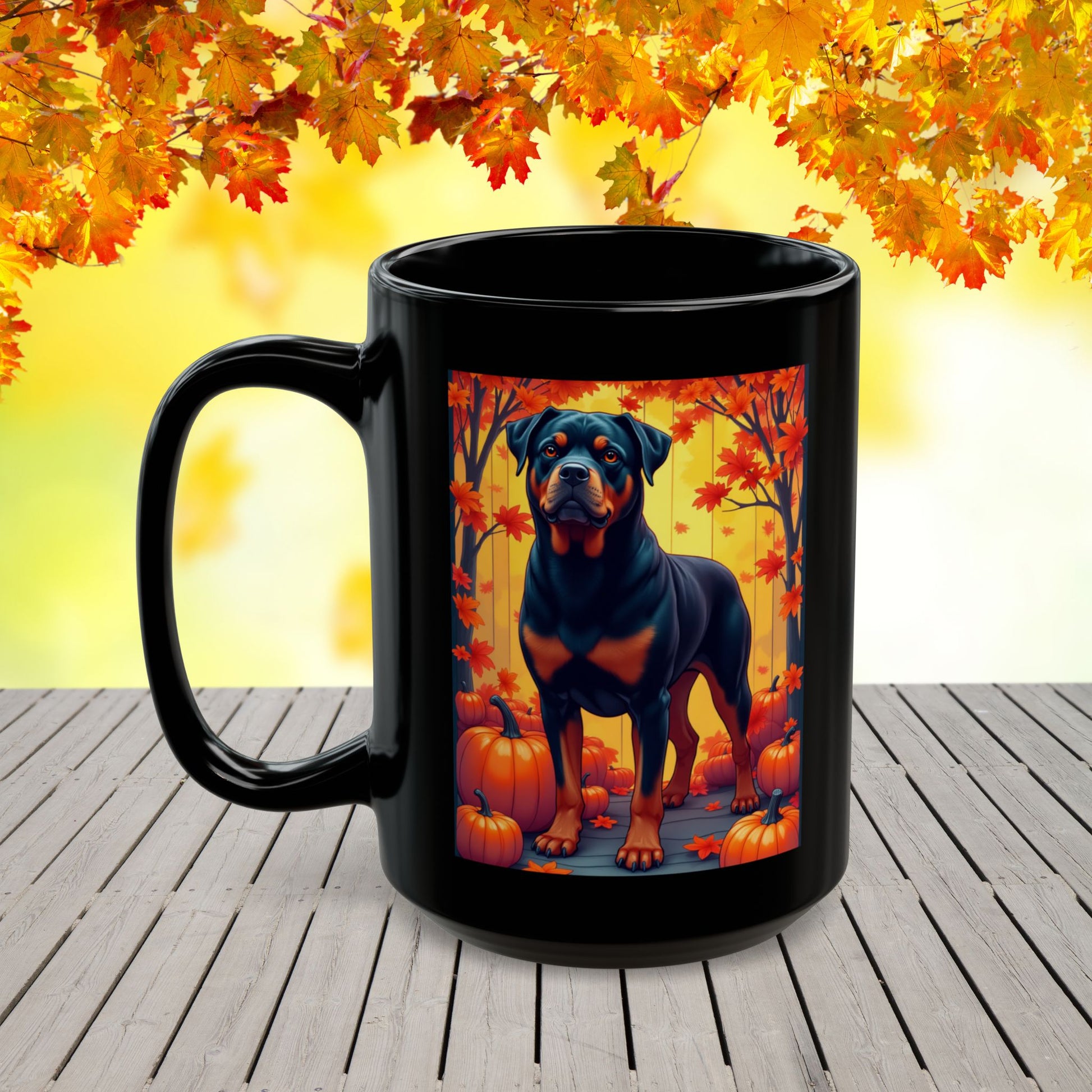 Black and mahogany Rottweiler dog in autumn leaves on a custom ceramic coffee mug.