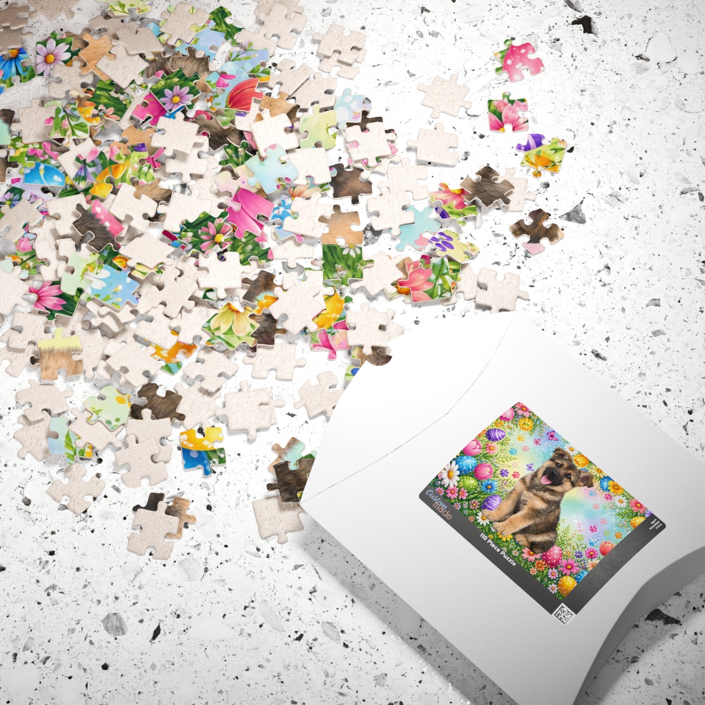 German Shepherd (Sable) Easter Puppy Puzzle - Spring Eggs, Wildflowers, and Butterflies