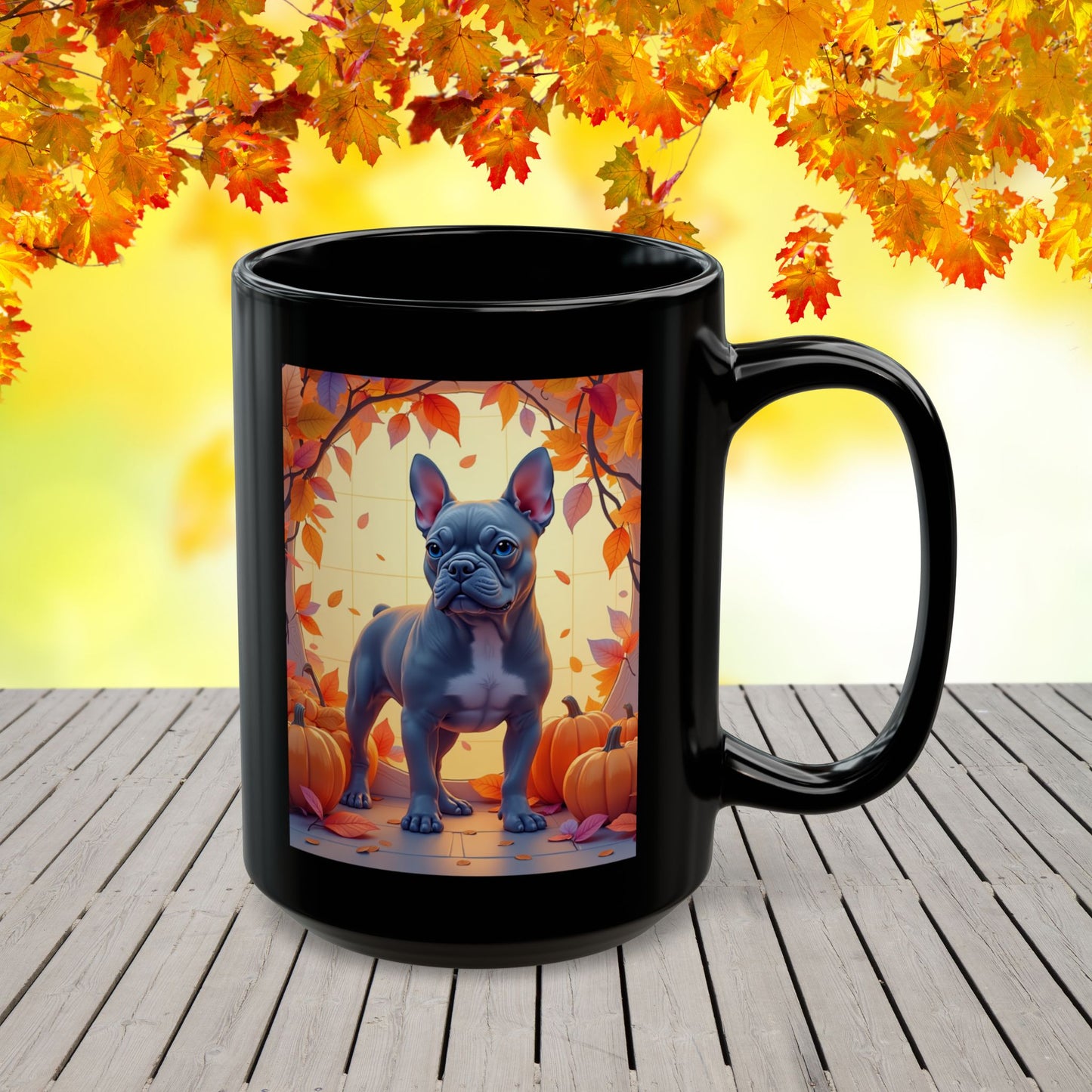 French Bulldog (Blue) Autumn Coffee Mug - Fall coffee cup for dog lovers, cute French Bulldog mug, personalized