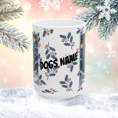 French Bulldog (Fawn) Winter Mug - fawn French Bulldog illustrated standing in a festive winter scene with pine branches
