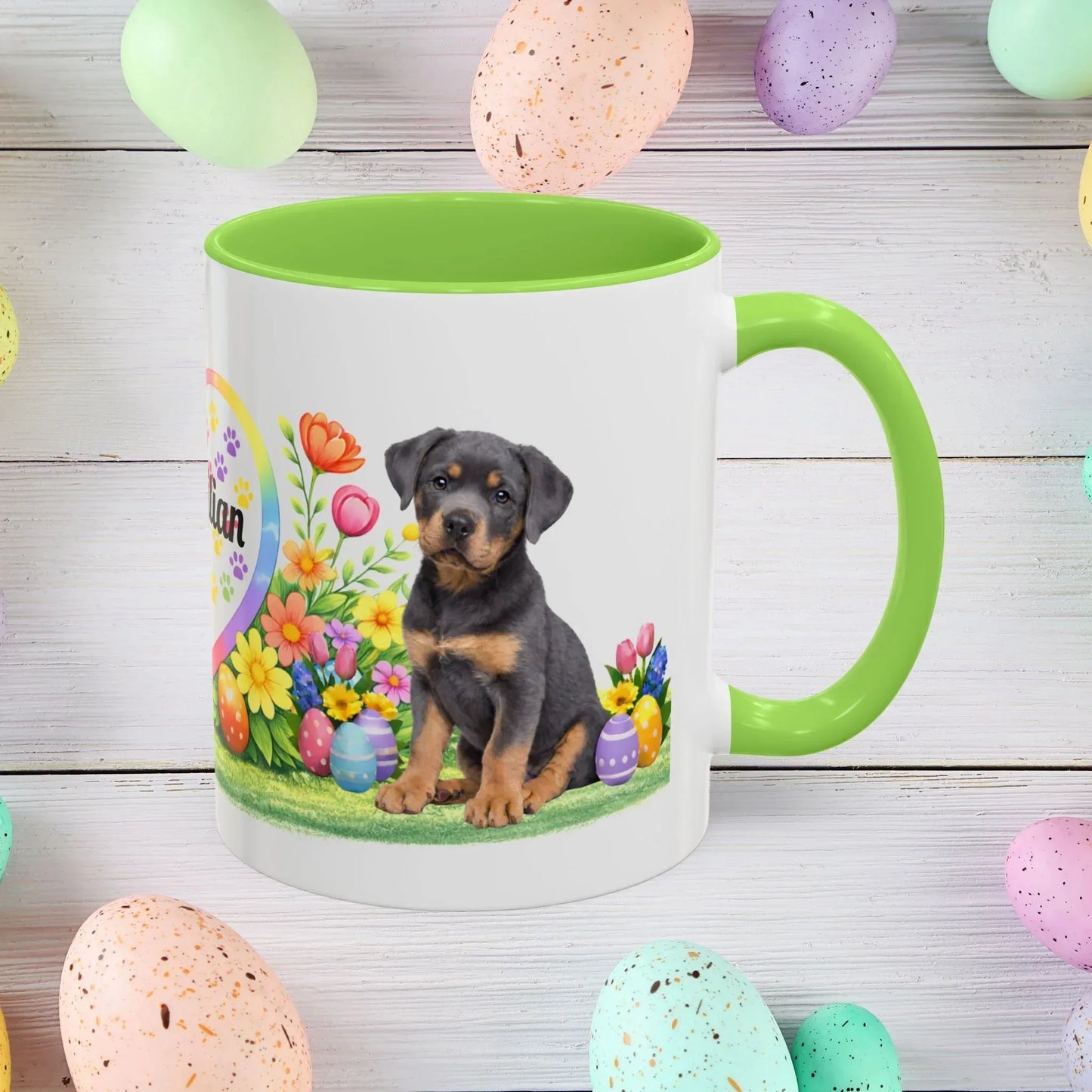 Shop our rottweiler blue puppy easter mug featuring the 11oz style option from MySisterIsASurvivor.