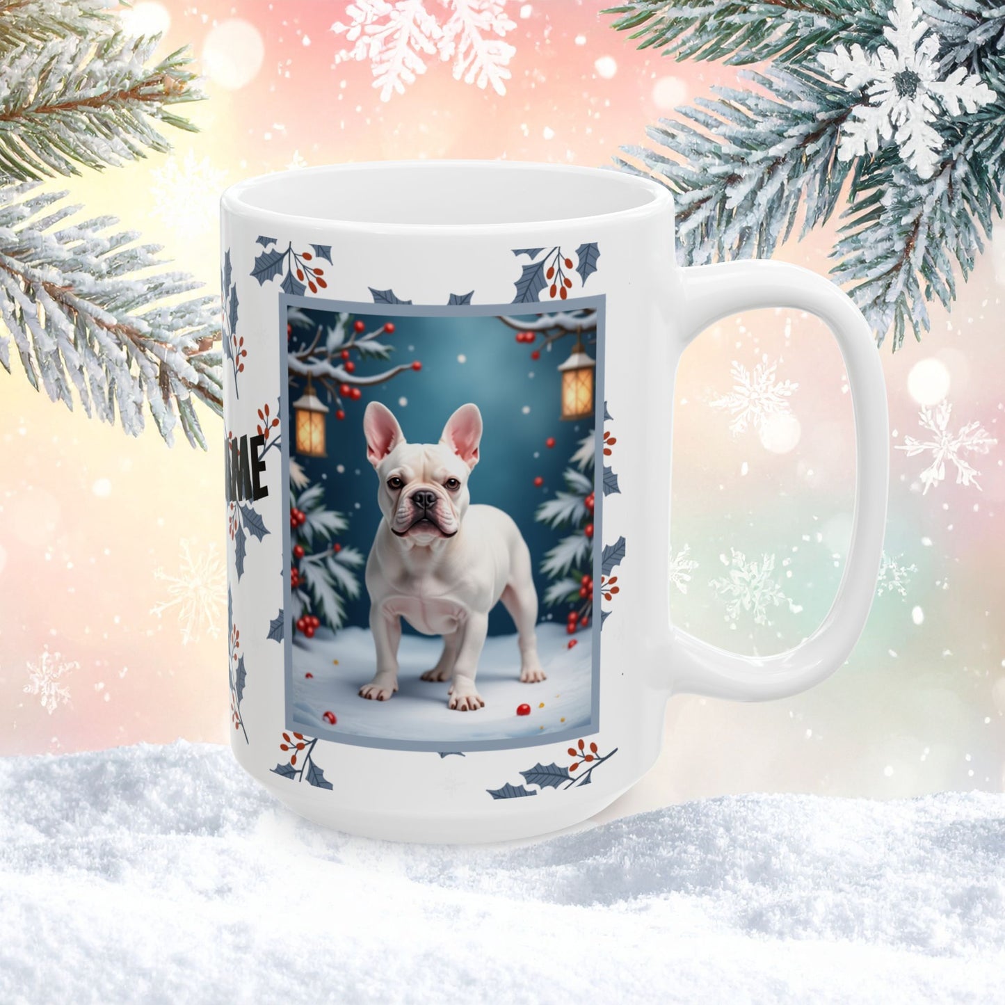 French Bulldog (White) Winter Mug - white French Bulldog illustrated standing in a crisp winter scene with soft snow
