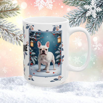 French Bulldog (White) Winter Mug - white French Bulldog illustrated standing in a crisp winter scene with soft snow