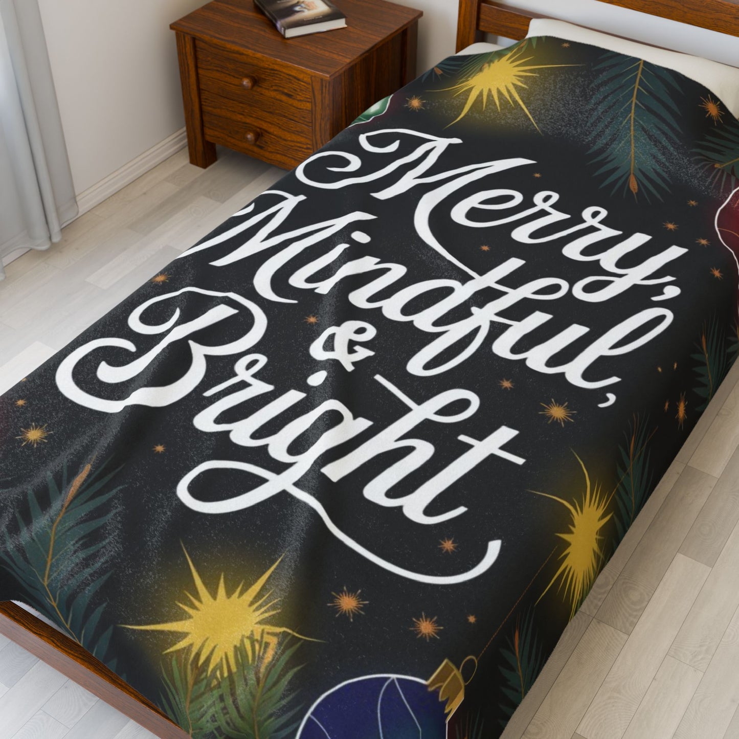 Christmas blanket “Merry, Mindful & Bright” cozy holiday throw for comfort, joy, and mindfulness