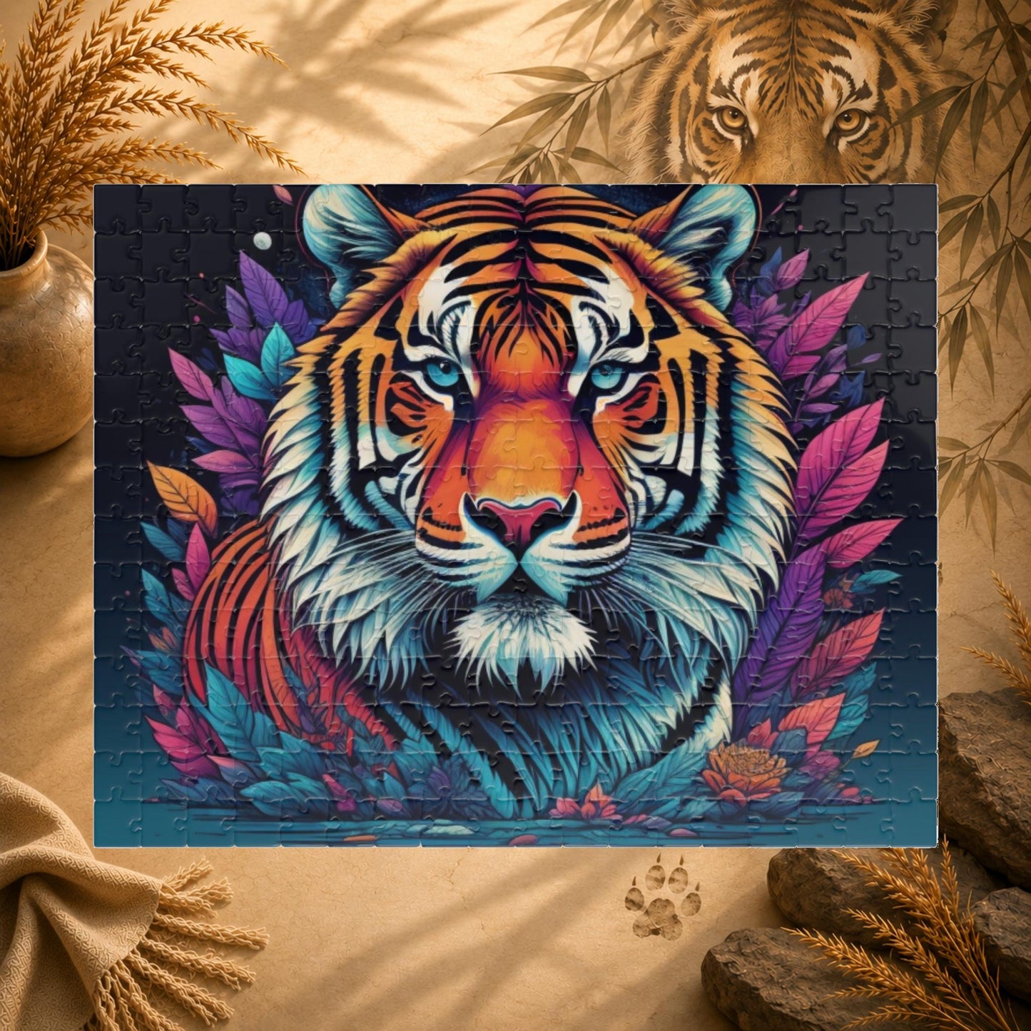 Tiger's Resolve - Jewel-Toned Tiger Puzzle with Tropical Leaves on Dark Navy Background
