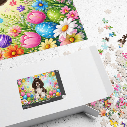 American Cocker Spaniel (Liver & White) Easter Puppy Puzzle - Spring Garden with Eggs, Tulips, and Daisies
