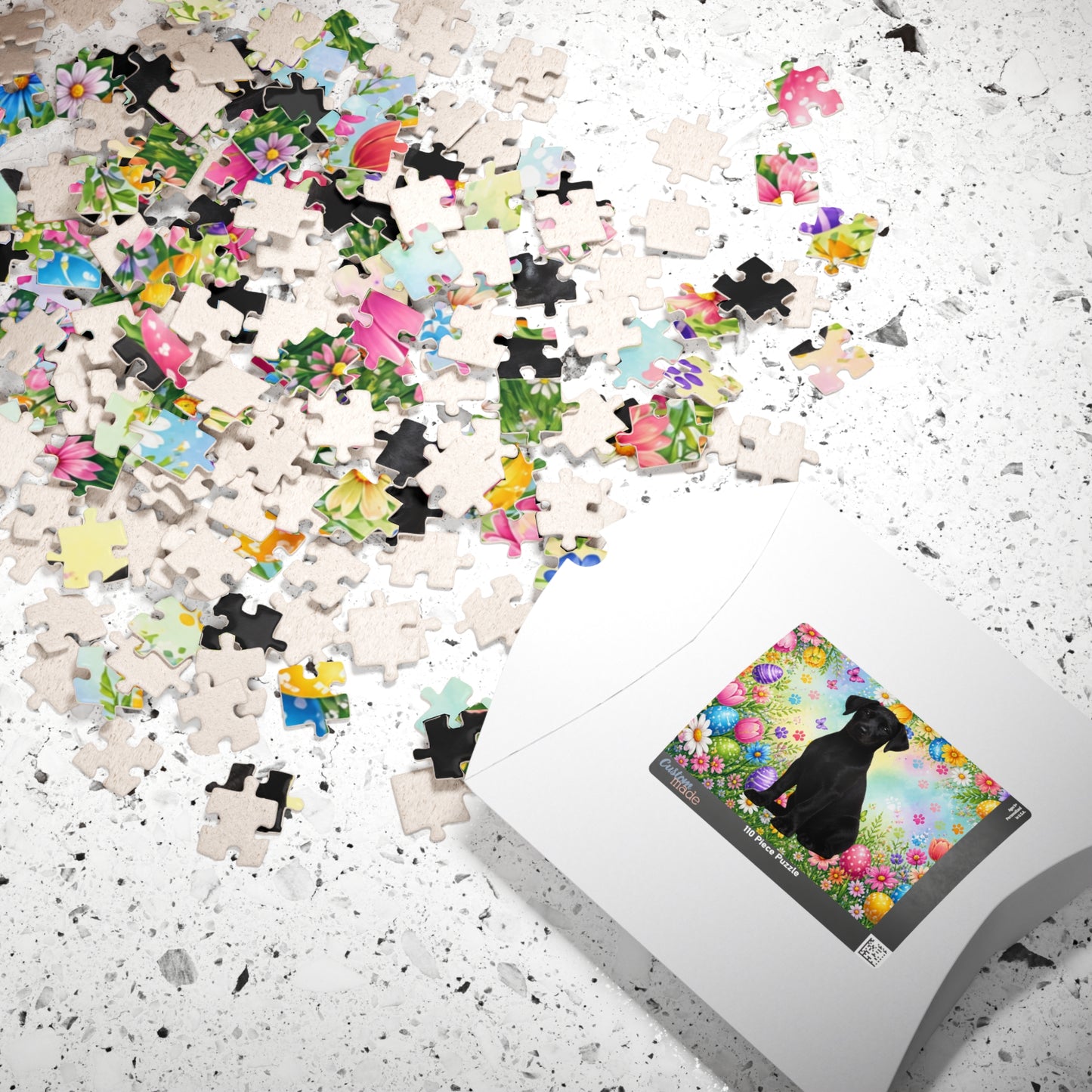 Doberman (Black) Easter Puppy Puzzle - Spring Flowers, Easter Eggs, and Butterflies