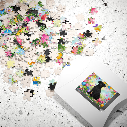 Doberman (Black) Easter Puppy Puzzle - Spring Flowers, Easter Eggs, and Butterflies