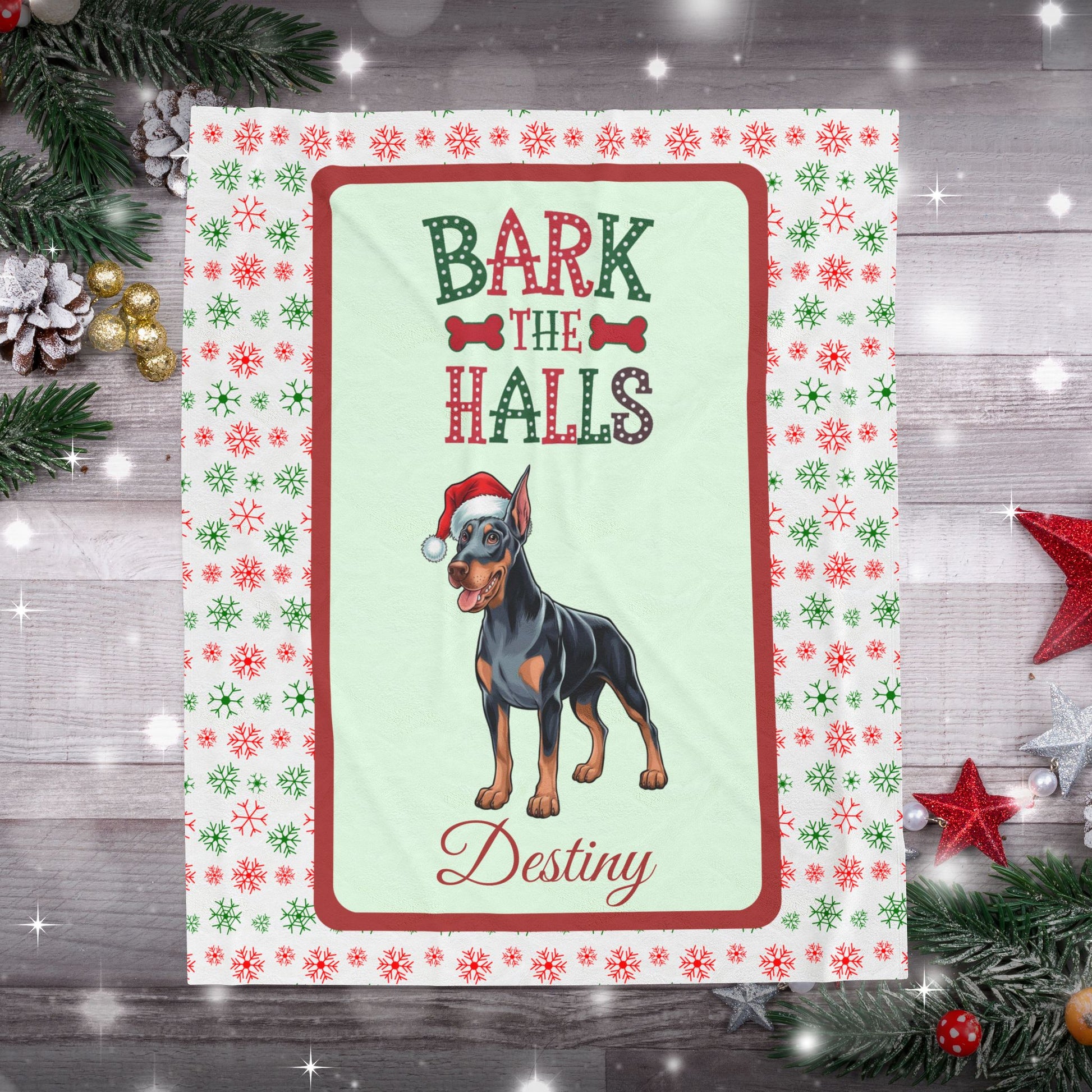 Doberman Pinscher (Blue & Rust) Custom Velveteen Blanket - festive Bark The Halls dog throw, perfect gift