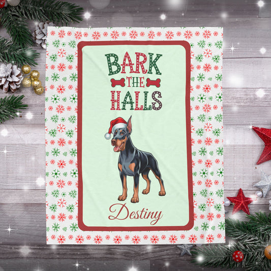 Doberman Pinscher (Blue & Rust) Custom Velveteen Blanket - festive Bark The Halls dog throw, perfect gift