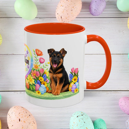 Shop our german shepherd black red puppy easter mug featuring the 11oz style option from MySisterIsASurvivor.