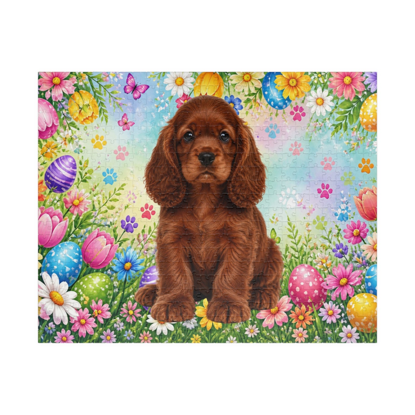 American Cocker Spaniel (Orange) Easter Puppy Puzzle - Spring Garden with Eggs, Tulips, and Daisies