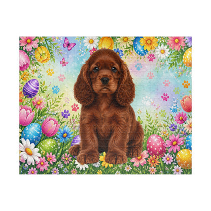 American Cocker Spaniel (Orange) Easter Puppy Puzzle - Spring Garden with Eggs, Tulips, and Daisies