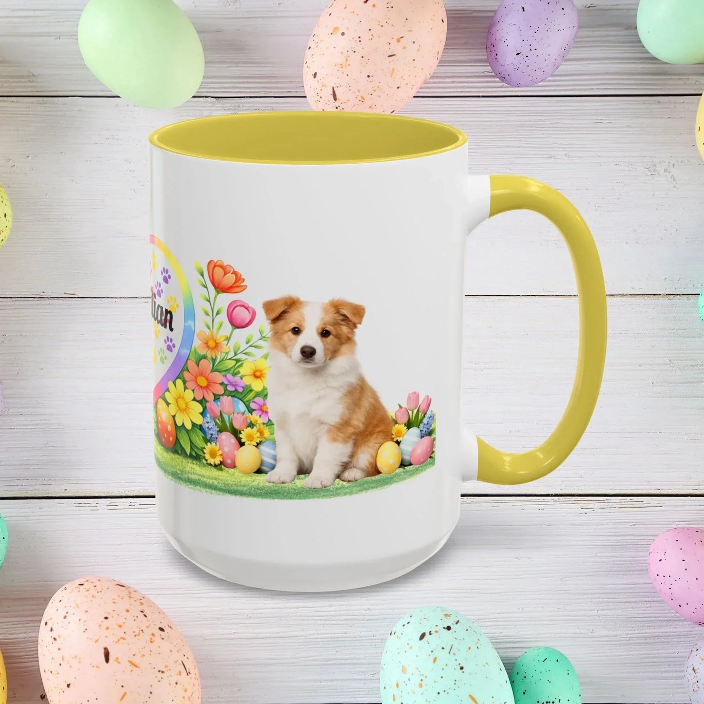Shop our premium border collie gold puppy easter mug from MySisterIsASurvivor.