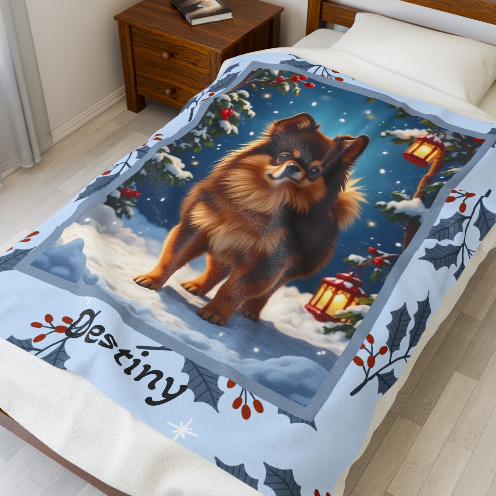 Pomeranian Chocolate and Tan personalized winter throw with fluffy Pom art in a glowing snowy lodge background