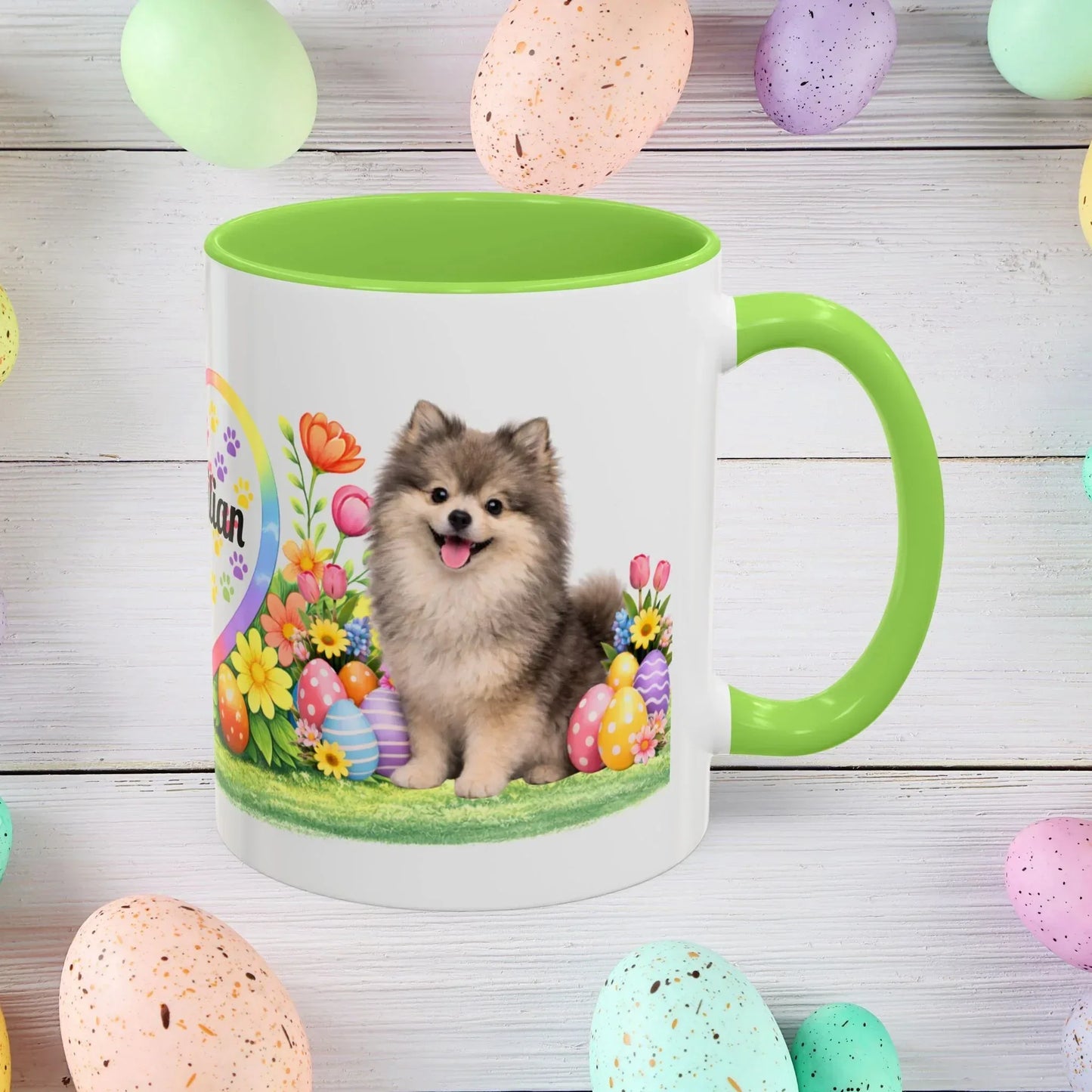 Shop our pomeranian wolf sable puppy easter mug featuring the 11oz style option from MySisterIsASurvivor.