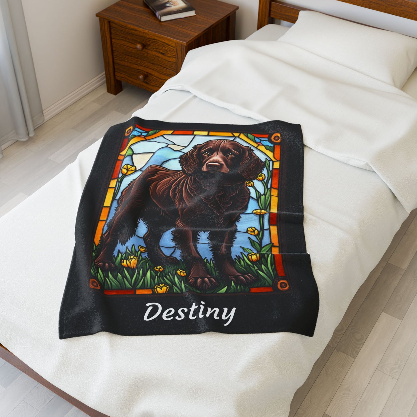 American Water Spaniel velveteen blanket, custom dog throw, personalized stained glass pet gift - MySisterIsASurvivor