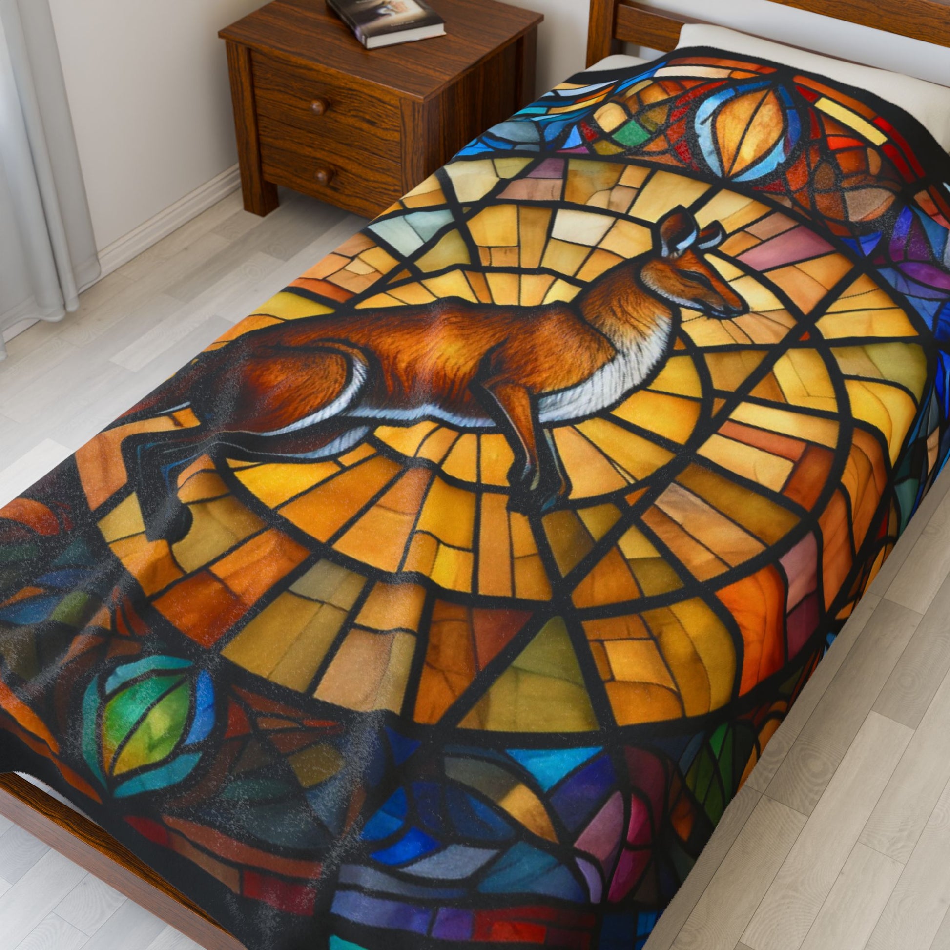 A cozy kangaroo blanket with stained glass-style background that radiates warmth and calm.