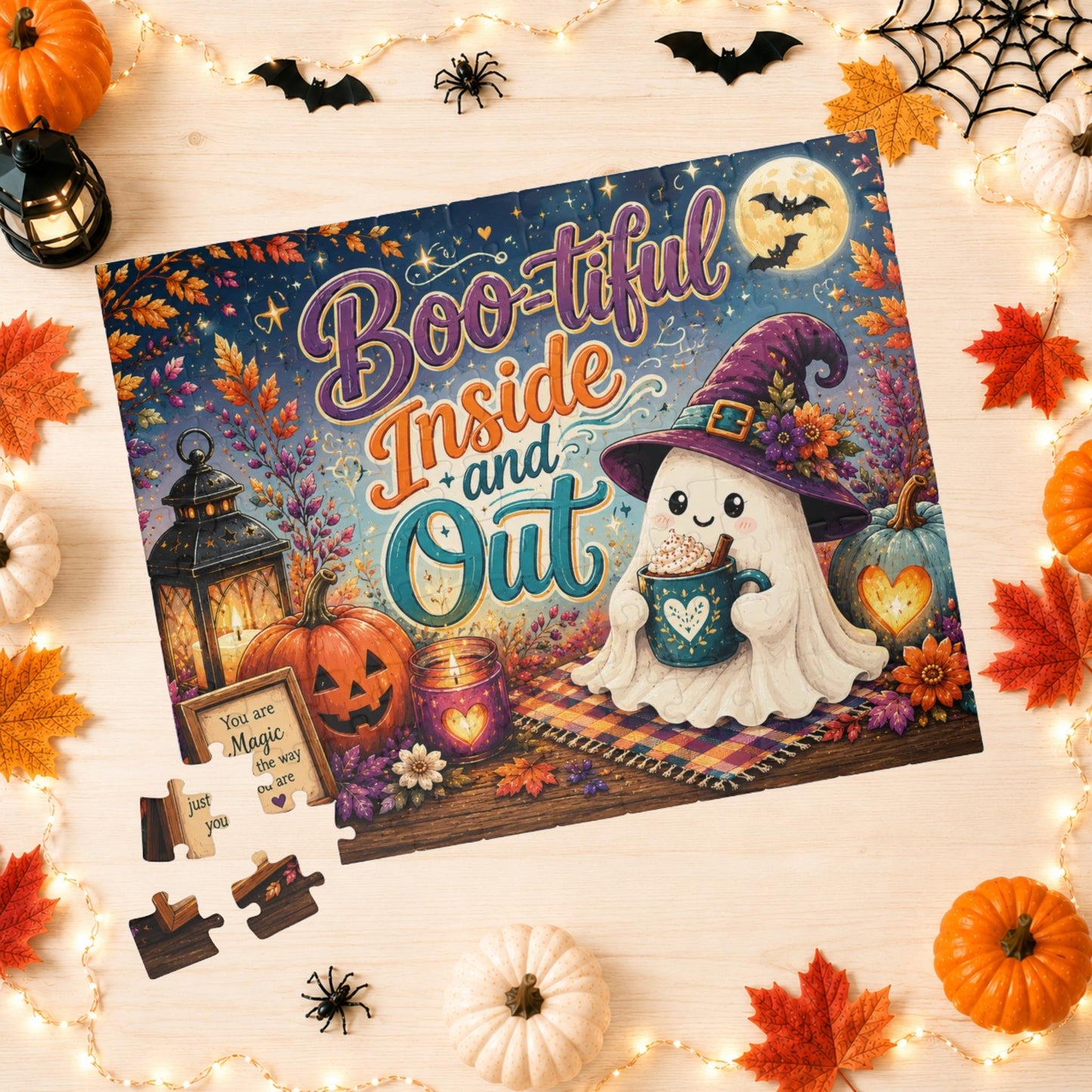 Boo-tiful Inside and Out Halloween Puzzle - Ghost with Heart Mug, Lantern, and You Are Magic Sign