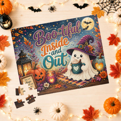 Boo-tiful Inside and Out Halloween Puzzle - Ghost with Heart Mug, Lantern, and You Are Magic Sign