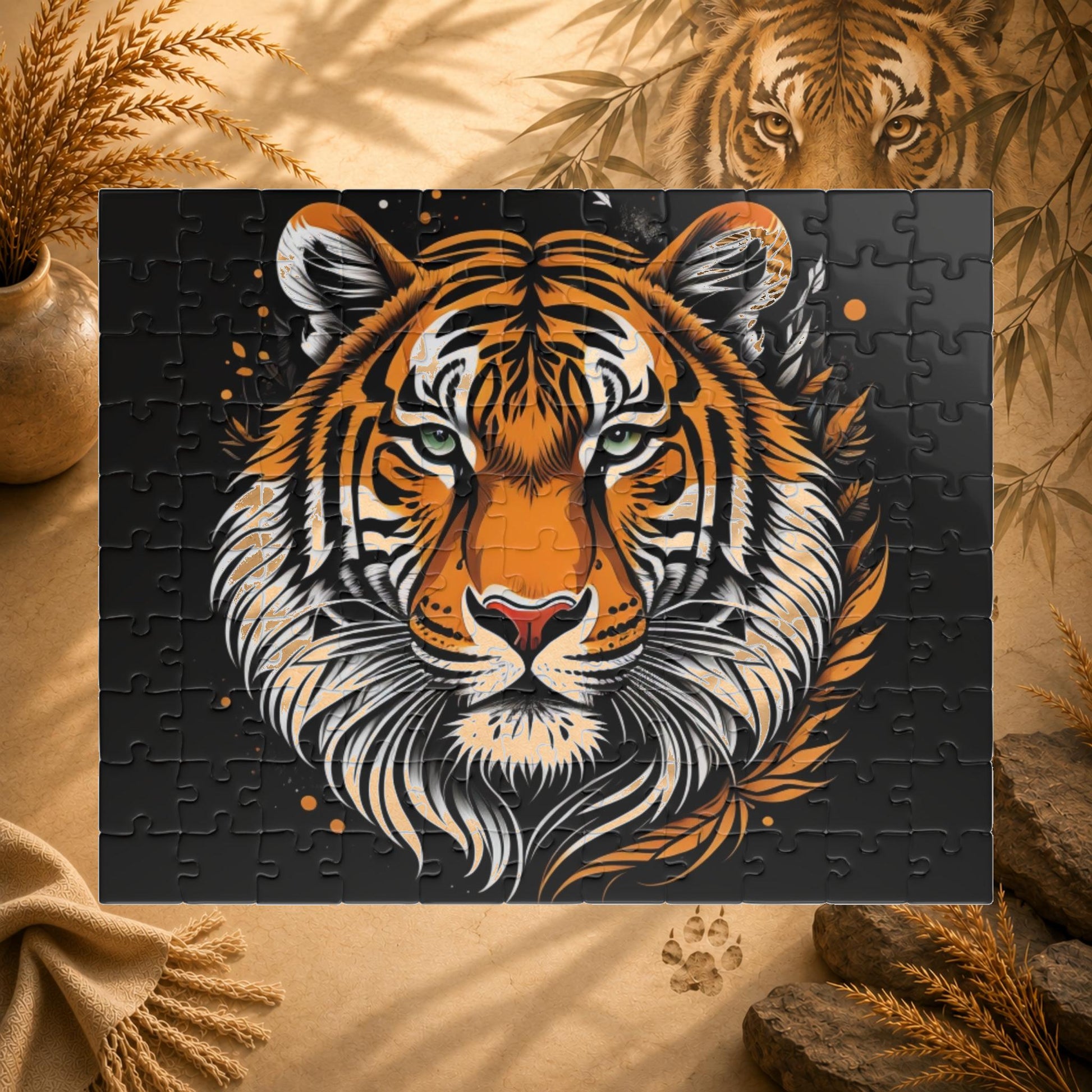 Jigsaw puzzle with a tiger design on a black background